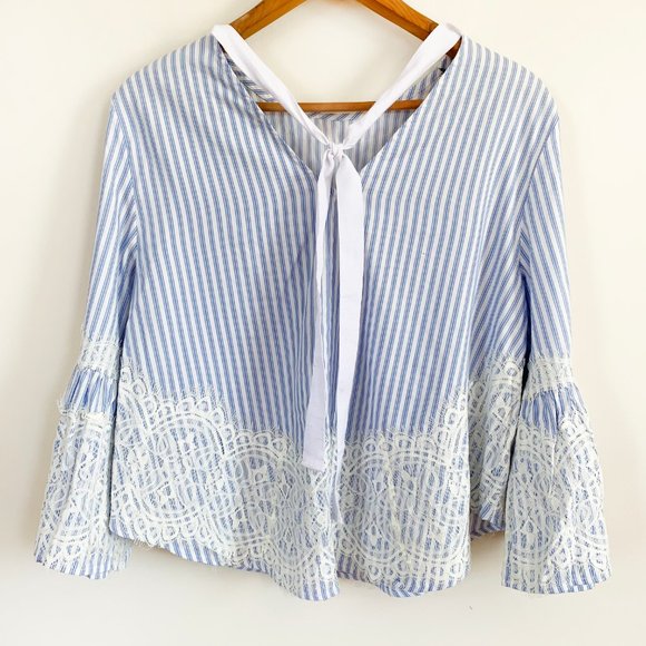 ZARA Striped Blue White Blouse Top Lace Detail - Picture 9 of 14